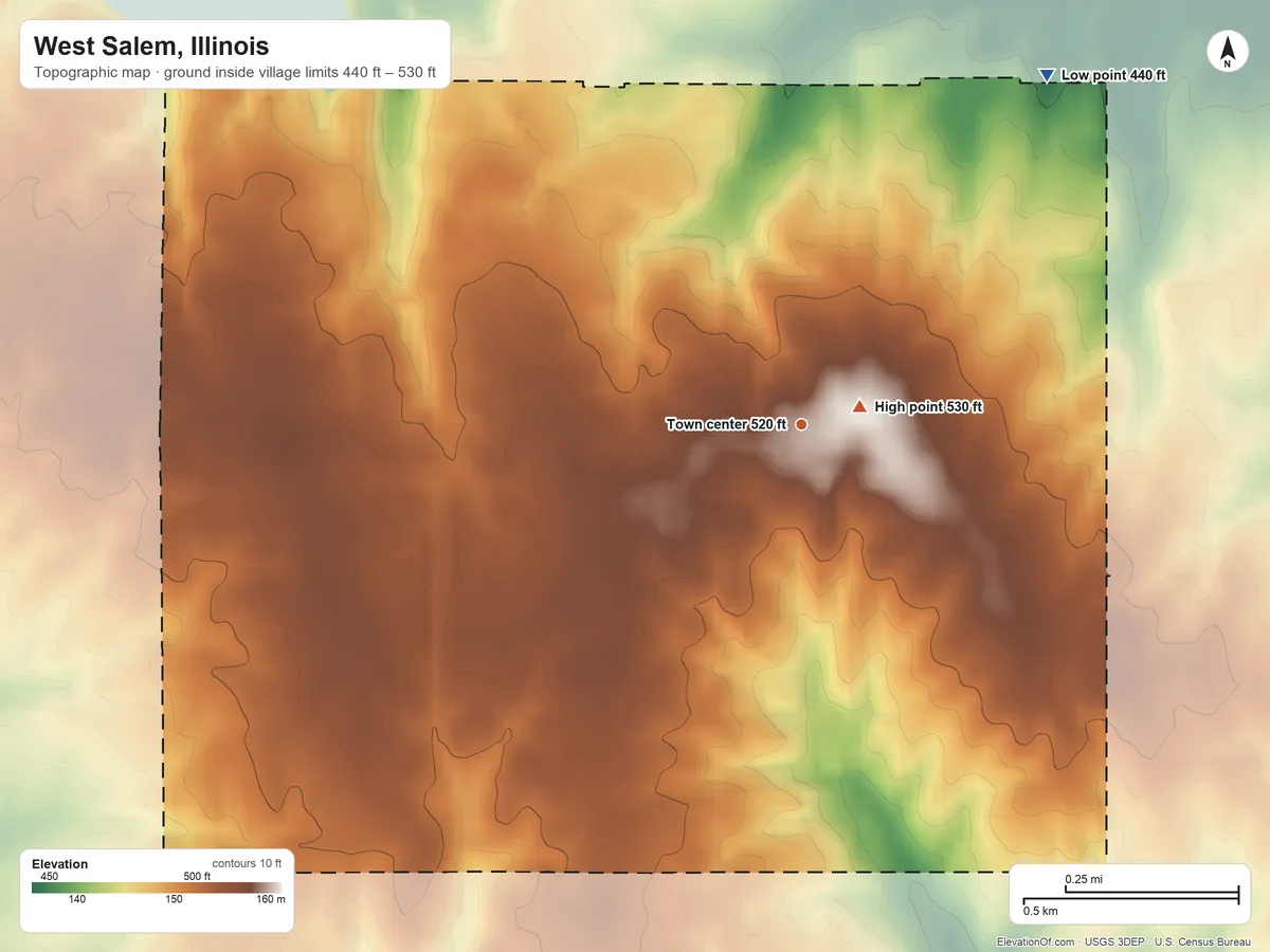 Topographic elevation map of West Salem, Illinois, shaded from 440 ft on the northeast side to 530 ft near the middle