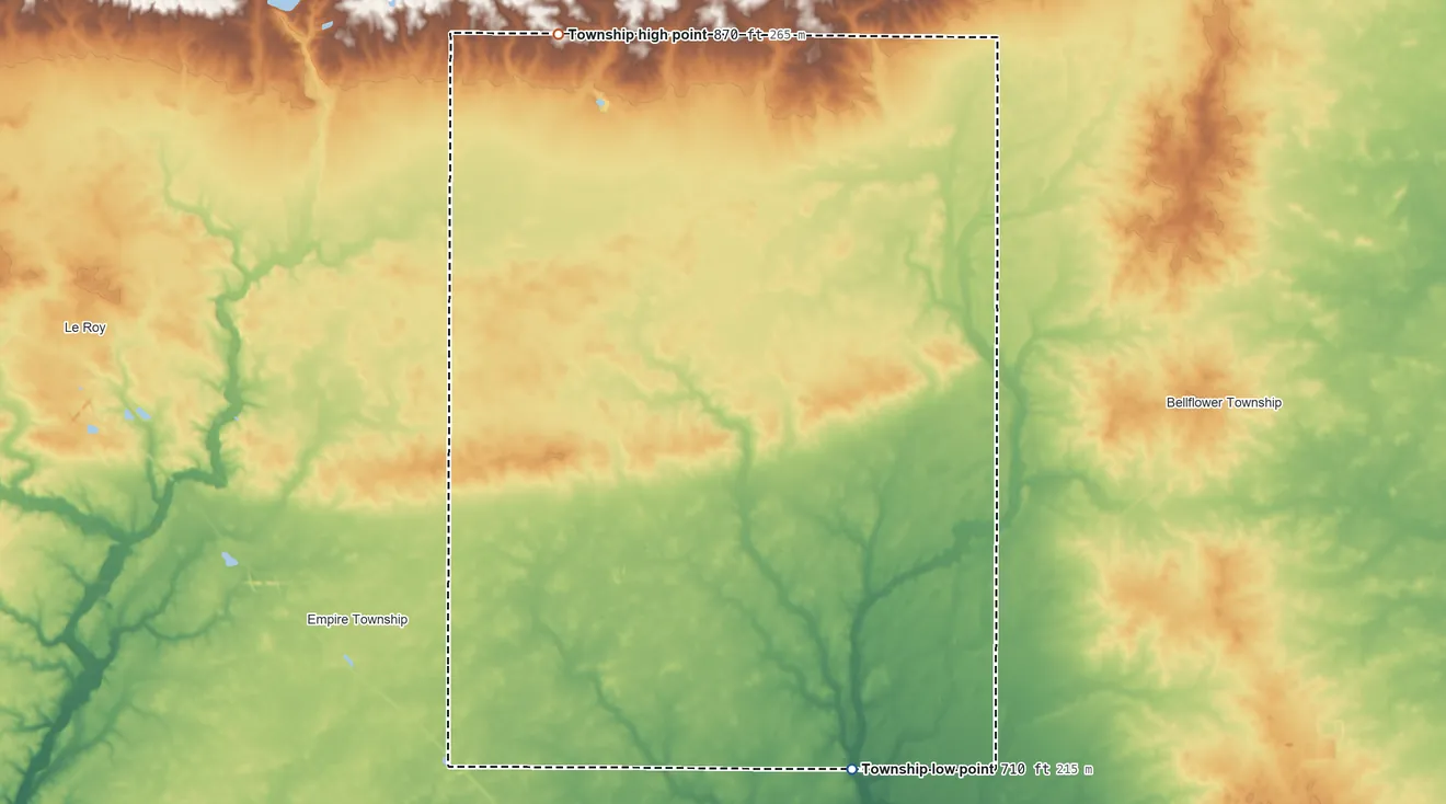 Topographic elevation map of West Township, McLean County, Illinois, shaded from 710 ft on the south side to 870 ft on the northwest side