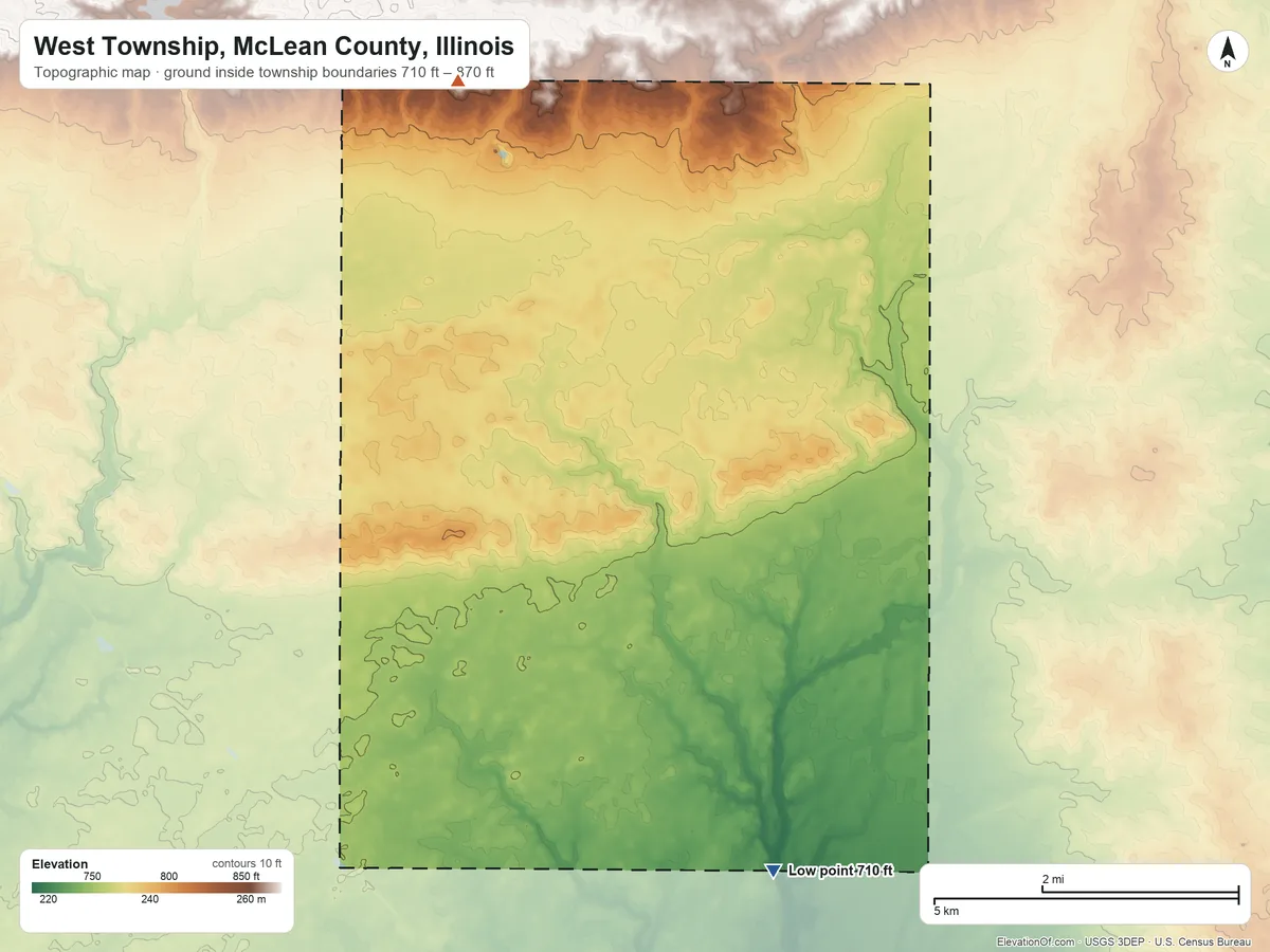Topographic elevation map of West Township, McLean County, Illinois, shaded from 710 ft on the south side to 870 ft on the northwest side