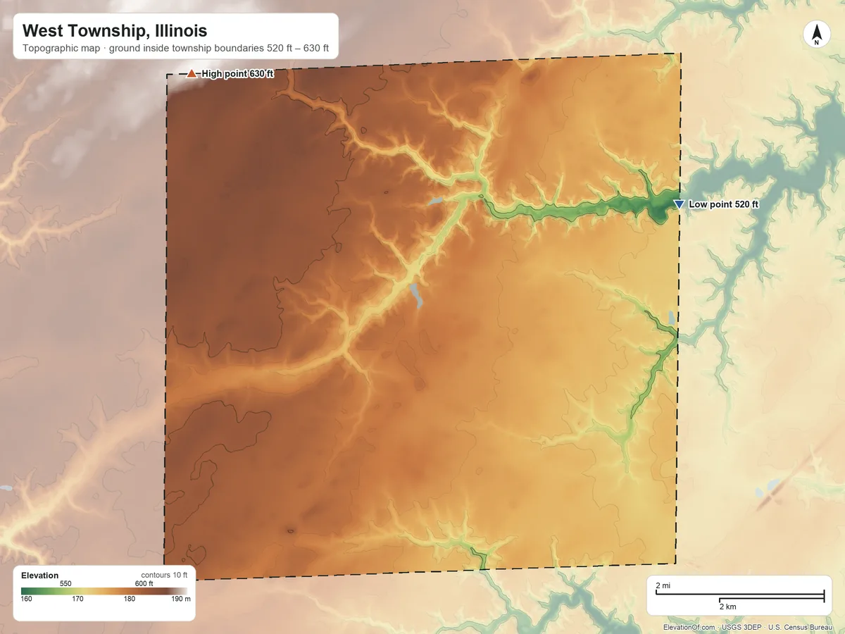 Topographic elevation map of West Township, Illinois, shaded from 520 ft on the east side to 630 ft on the northwest side