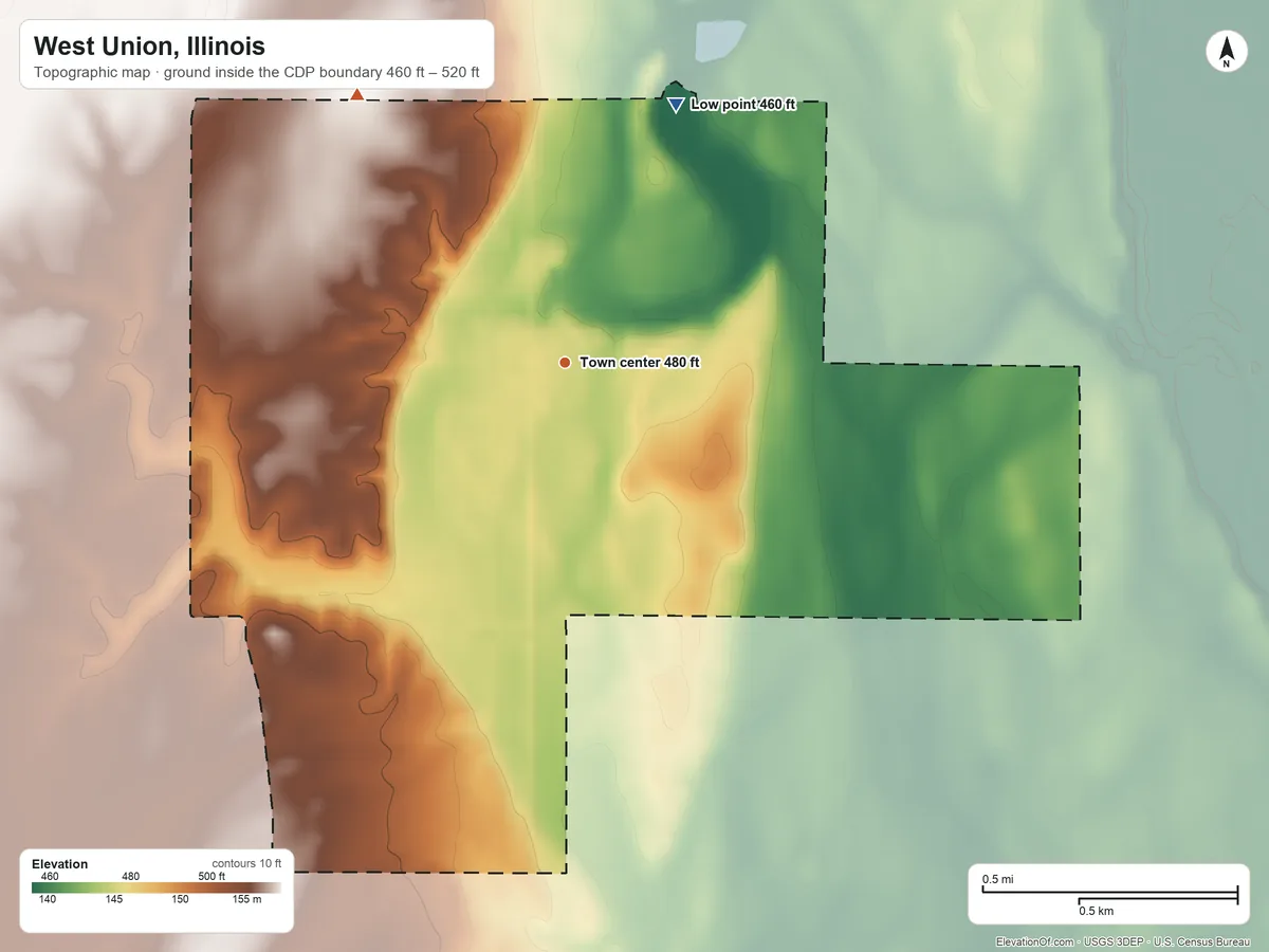 Topographic elevation map of West Union, Illinois, shaded from 460 ft on the northeast side to 520 ft on the northwest side