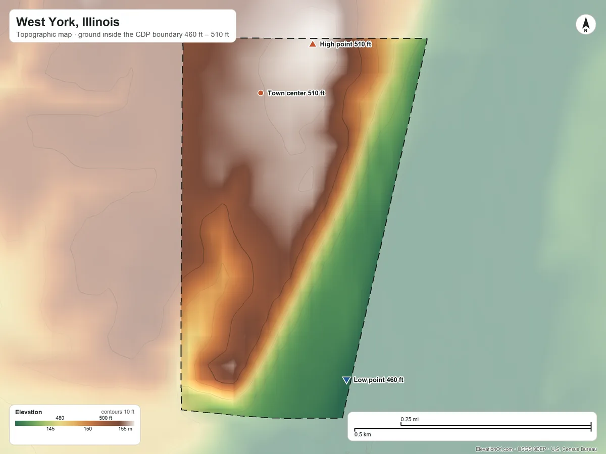 Topographic elevation map of West York, Illinois, shaded from 460 ft on the south side to 510 ft on the northeast side