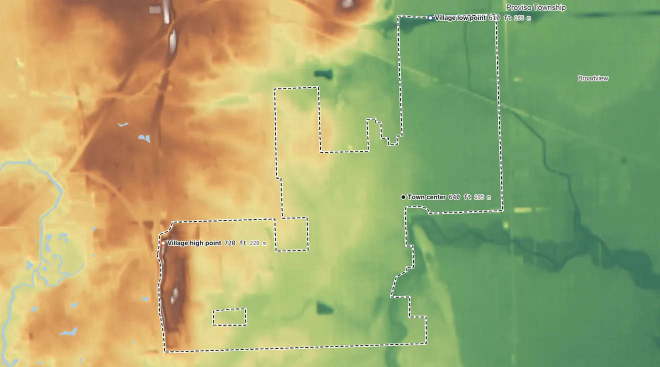 Topographic elevation map of Westchester, Illinois, shaded from 610 ft on the north side to 720 ft on the west side