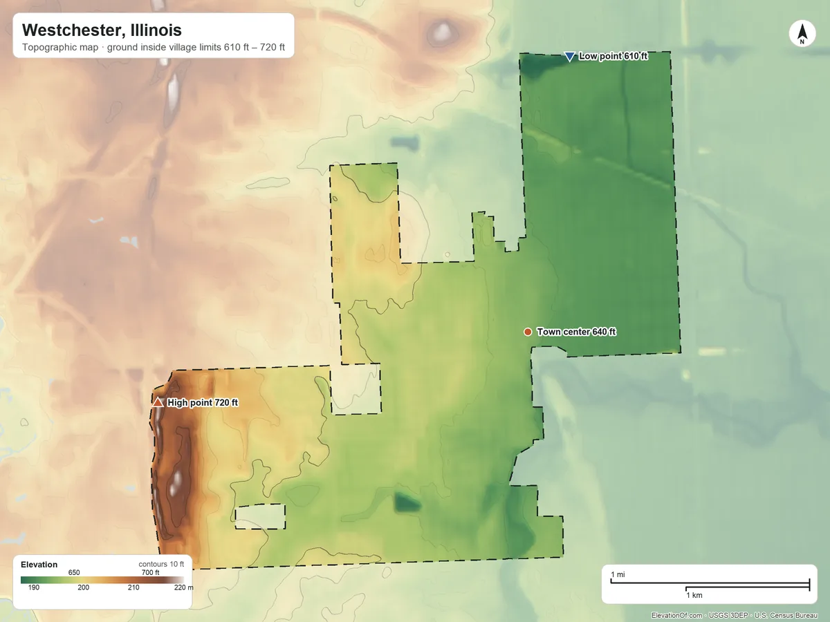 Topographic elevation map of Westchester, Illinois, shaded from 610 ft on the north side to 720 ft on the west side