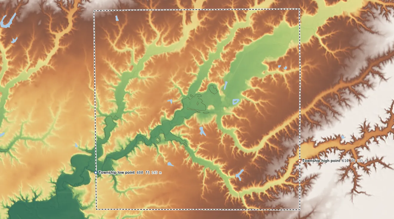 Topographic elevation map of Western Mound Township, Illinois, shaded from 480 ft on the southwest side to 610 ft on the southeast side