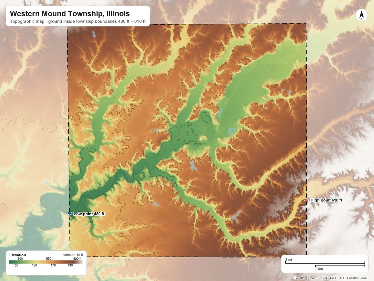 Topographic elevation map of Western Mound Township, Illinois, shaded from 480 ft on the southwest side to 610 ft on the southeast side