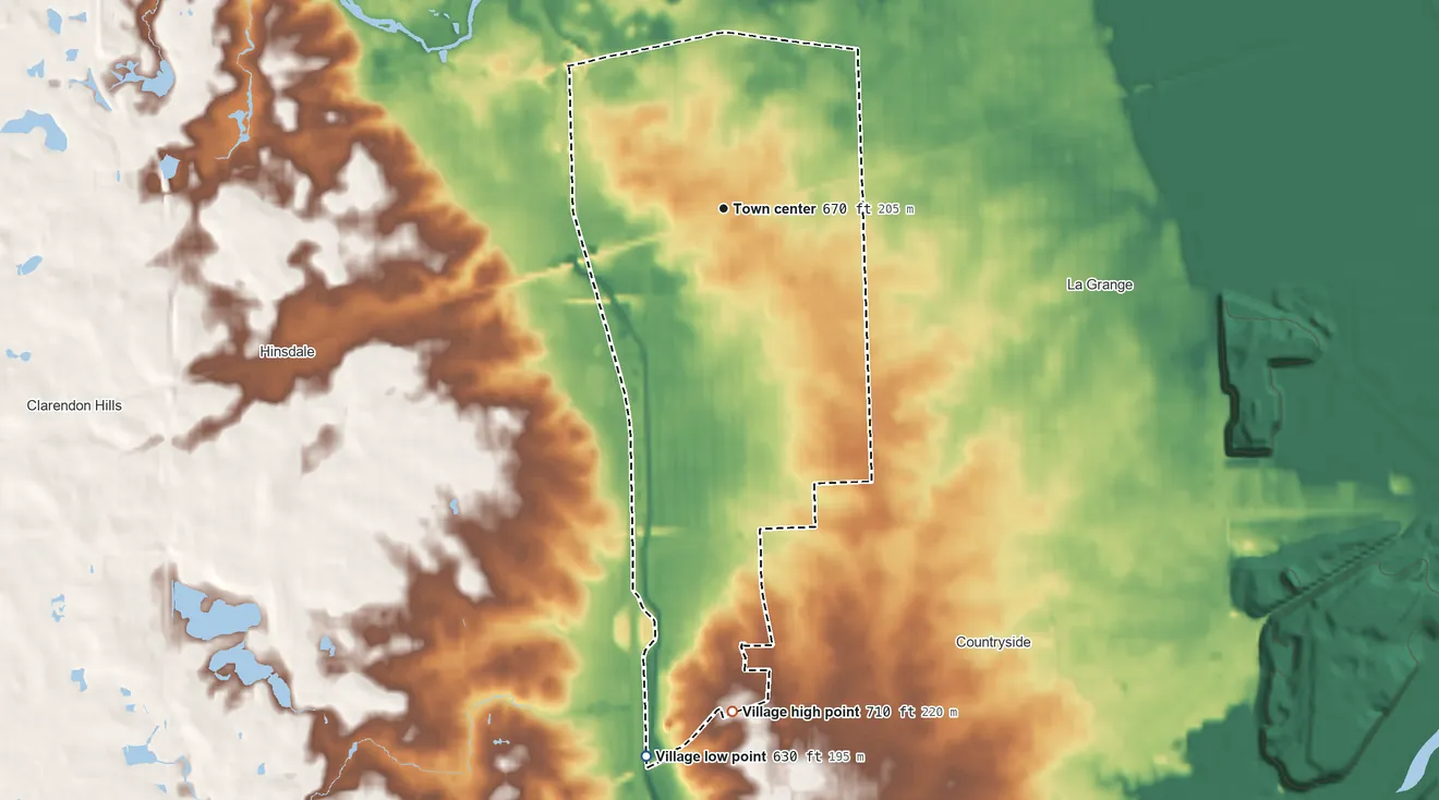 Topographic elevation map of Western Springs, Illinois, shaded from 630 ft on the south side to 710 ft on the south side