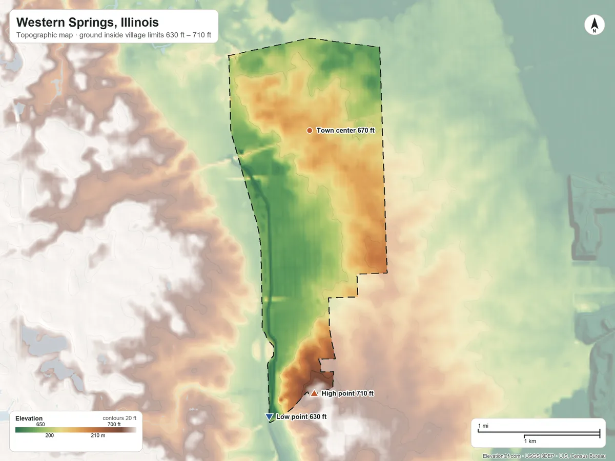 Topographic elevation map of Western Springs, Illinois, shaded from 630 ft on the south side to 710 ft on the south side