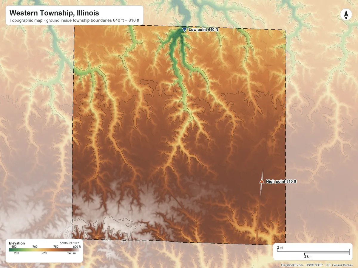 Topographic elevation map of Western Township, Illinois, shaded from 640 ft on the north side to 810 ft on the east side