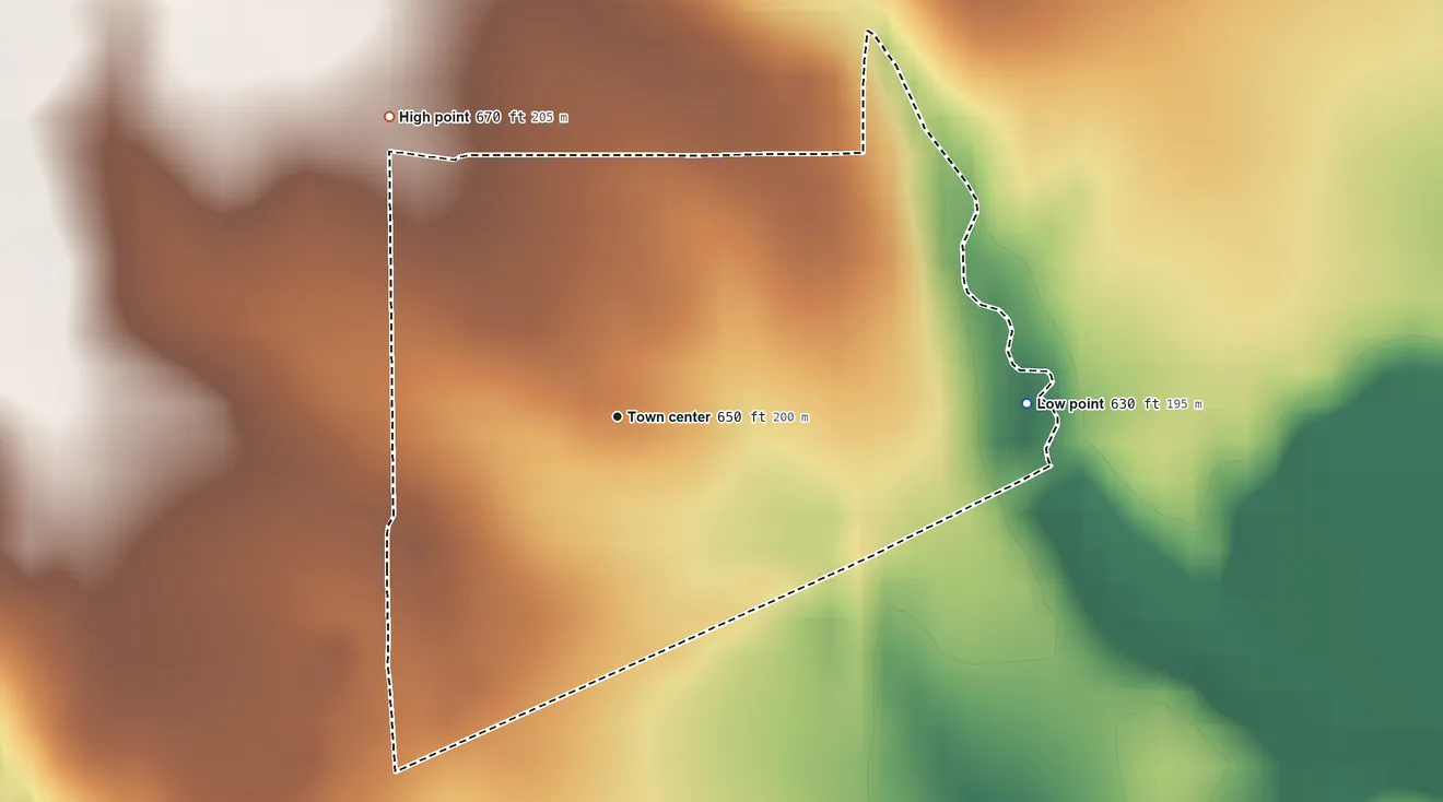 Topographic elevation map of Westervelt, Illinois, shaded from 630 ft on the east side to 670 ft on the northwest side