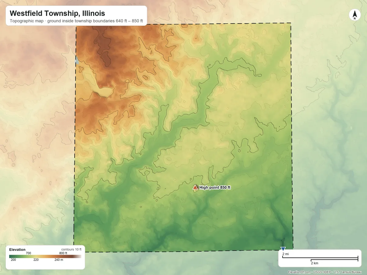 Topographic elevation map of Westfield Township, Illinois, shaded from 640 ft on the southeast side to 850 ft on the south side