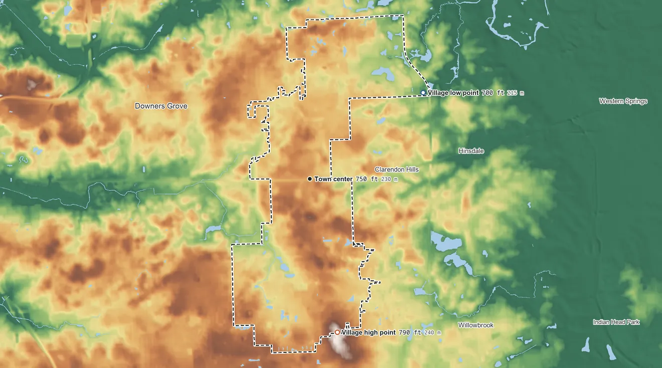 Topographic elevation map of Westmont, Illinois, shaded from 700 ft on the northeast side to 790 ft on the south side
