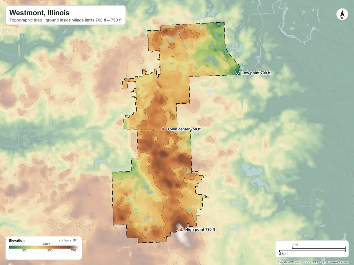 Topographic elevation map of Westmont, Illinois, shaded from 700 ft on the northeast side to 790 ft on the south side