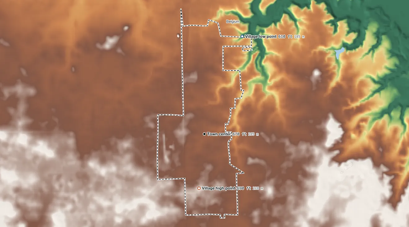 Topographic elevation map of Westville, Illinois, shaded from 610 ft on the north side to 690 ft on the south side