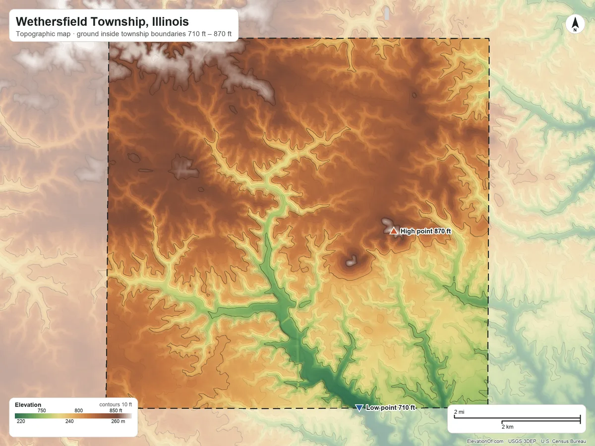 Topographic elevation map of Wethersfield Township, Illinois, shaded from 710 ft on the south side to 870 ft on the southeast side