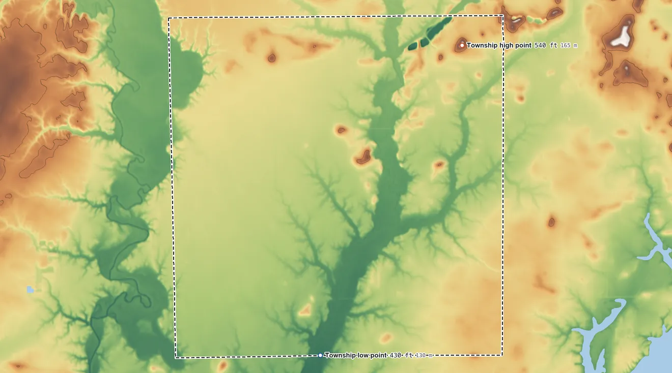 Topographic elevation map of Wheatfield Township, Illinois, shaded from 430 ft on the south side to 540 ft on the northeast side