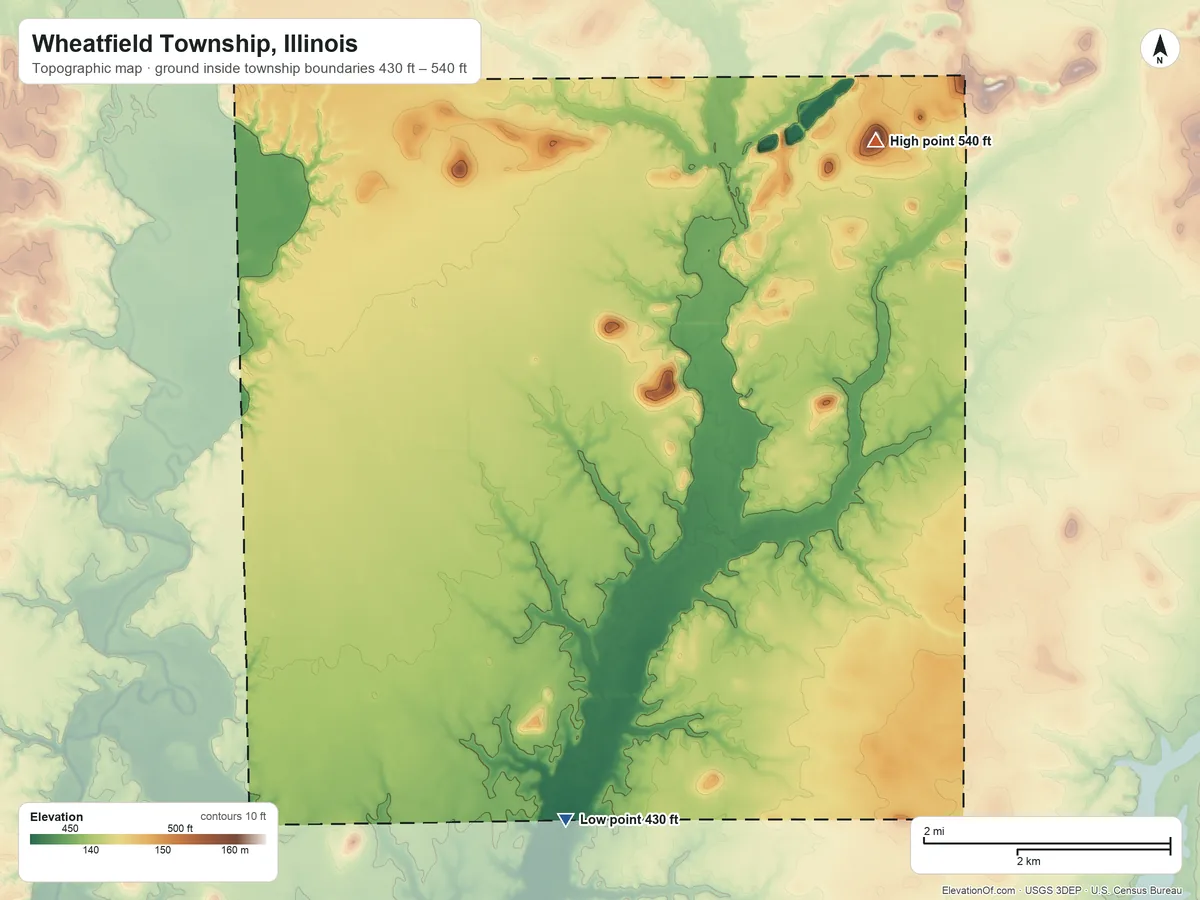 Topographic elevation map of Wheatfield Township, Illinois, shaded from 430 ft on the south side to 540 ft on the northeast side