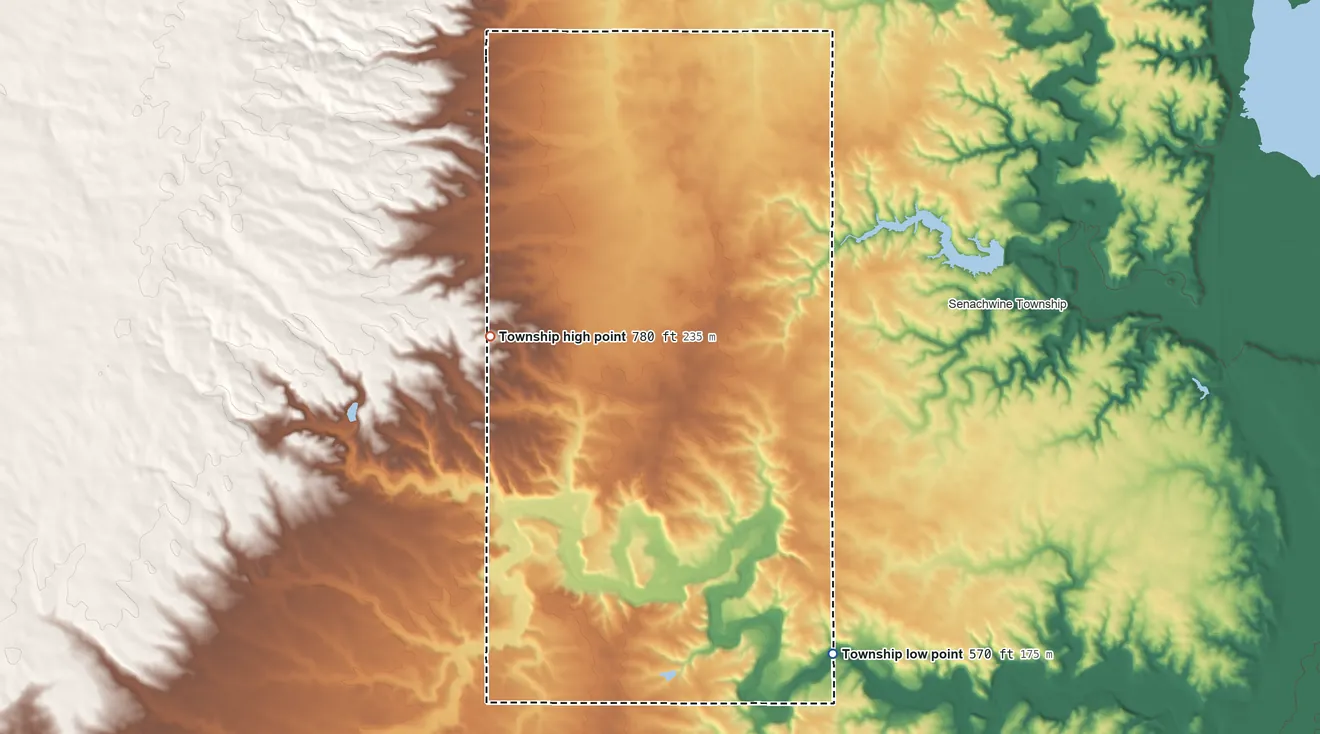 Topographic elevation map of Wheatland Township, Bureau County, Illinois, shaded from 570 ft on the southeast side to 780 ft on the west side