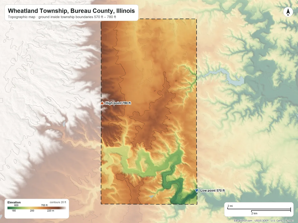 Topographic elevation map of Wheatland Township, Bureau County, Illinois, shaded from 570 ft on the southeast side to 780 ft on the west side
