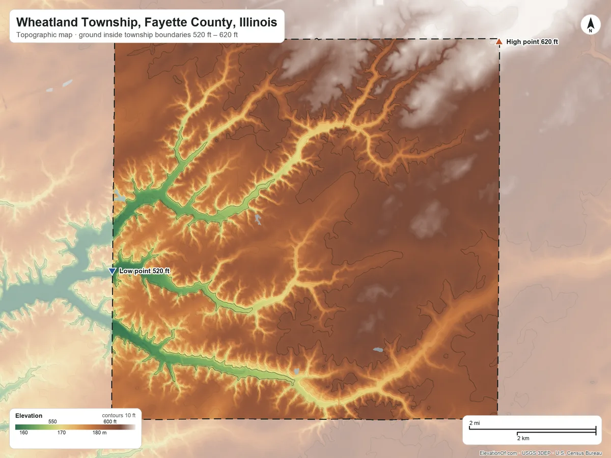 Topographic elevation map of Wheatland Township, Fayette County, Illinois, shaded from 520 ft on the southwest side to 620 ft on the northeast side