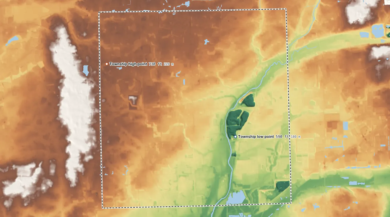 Topographic elevation map of Wheatland Township, Illinois, shaded from 590 ft on the southeast side to 730 ft on the west side