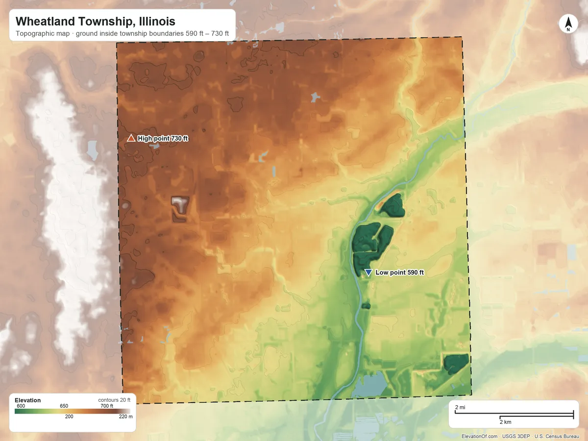 Topographic elevation map of Wheatland Township, Illinois, shaded from 590 ft on the southeast side to 730 ft on the west side