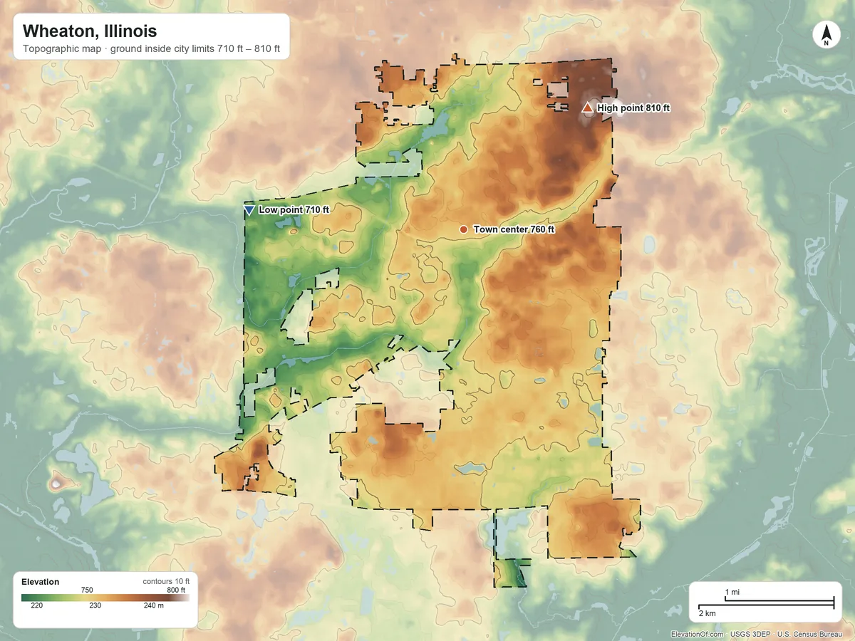 Topographic elevation map of Wheaton, Illinois, shaded from 710 ft on the west side to 810 ft on the northeast side