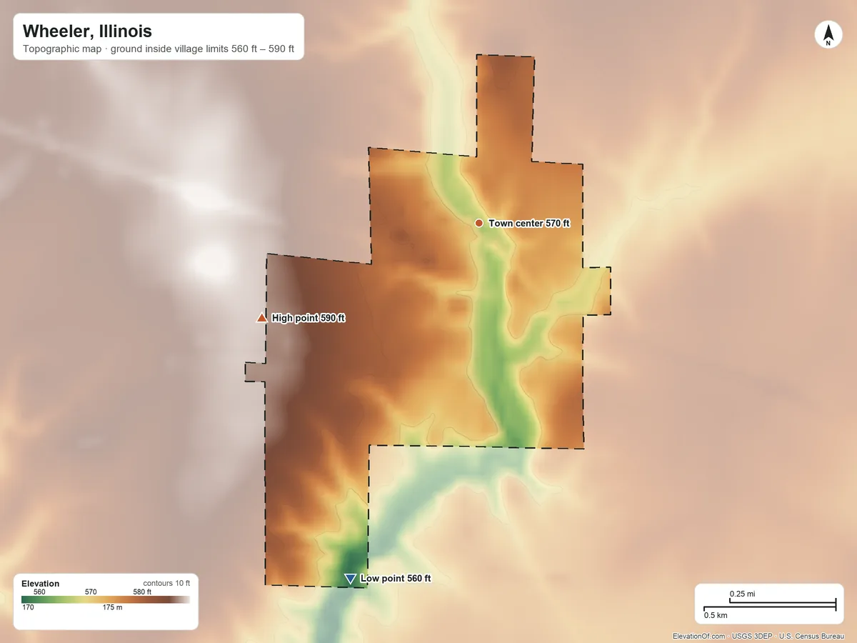 Topographic elevation map of Wheeler, Illinois, shaded from 560 ft on the south side to 590 ft on the southwest side
