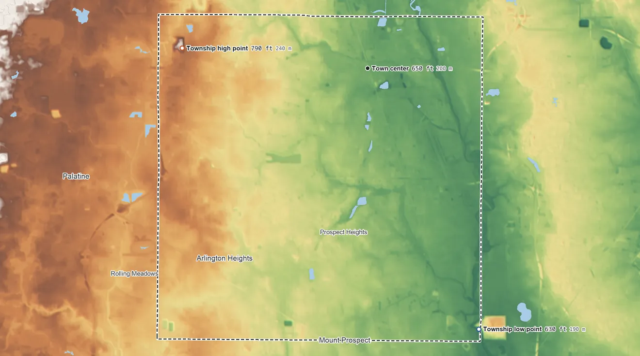 Topographic elevation map of Wheeling Township, Illinois, shaded from 630 ft on the southeast side to 790 ft on the west side