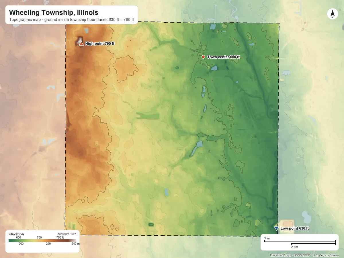 Topographic elevation map of Wheeling Township, Illinois, shaded from 630 ft on the southeast side to 790 ft on the west side