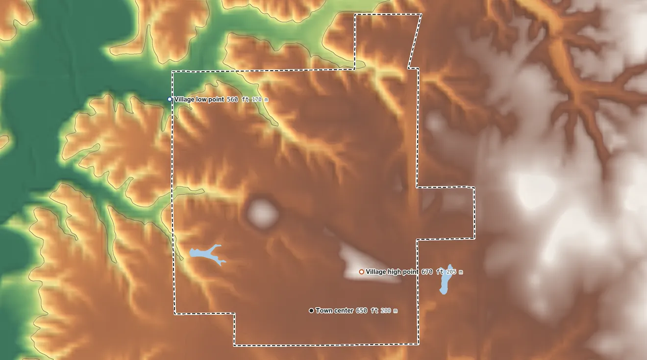 Topographic elevation map of White City, Illinois, shaded from 560 ft on the northwest side to 670 ft on the northeast side