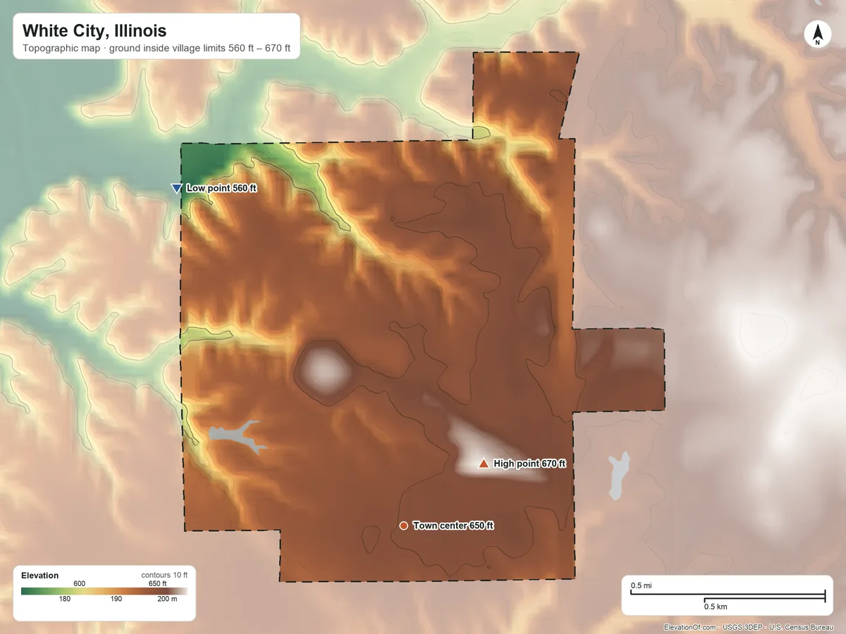 Topographic elevation map of White City, Illinois, shaded from 560 ft on the northwest side to 670 ft on the northeast side