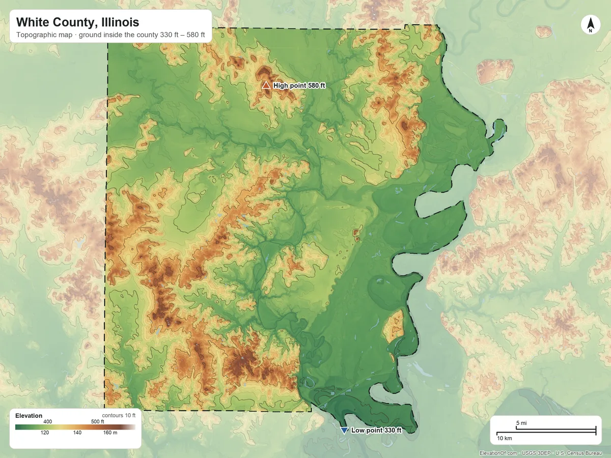 Topographic elevation map of White County, Illinois, shaded from 330 ft on the south side to 580 ft on Boyd Hill