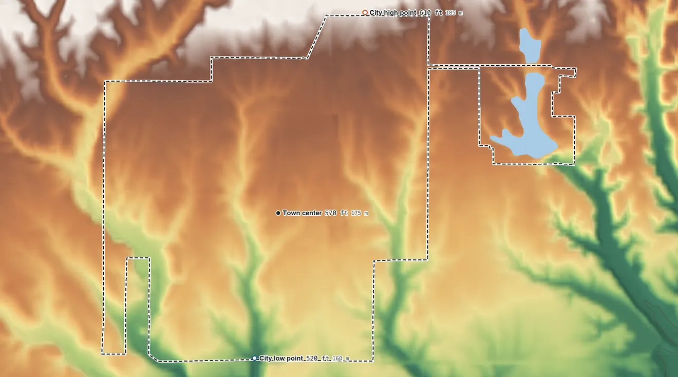 Topographic elevation map of White Hall, Illinois, shaded from 520 ft on the south side to 610 ft on the northeast side