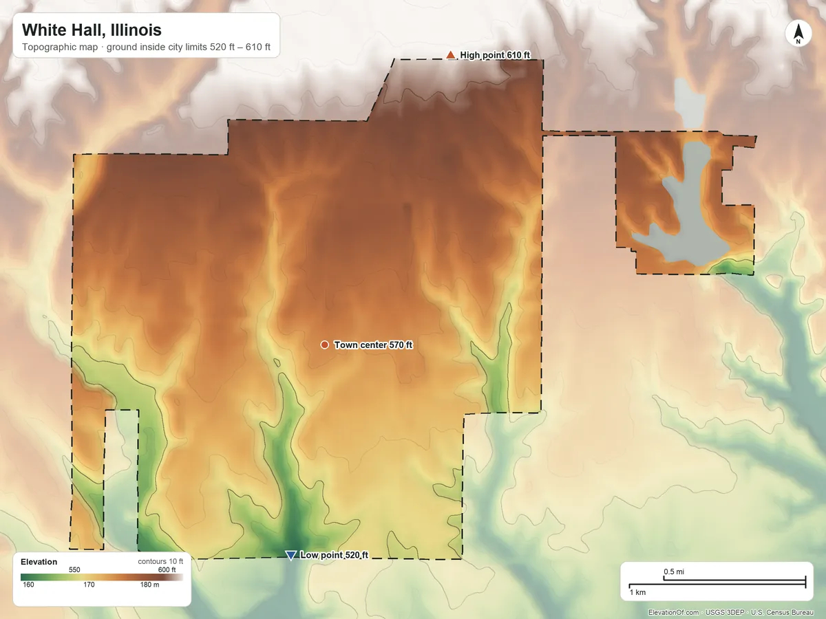 Topographic elevation map of White Hall, Illinois, shaded from 520 ft on the south side to 610 ft on the northeast side