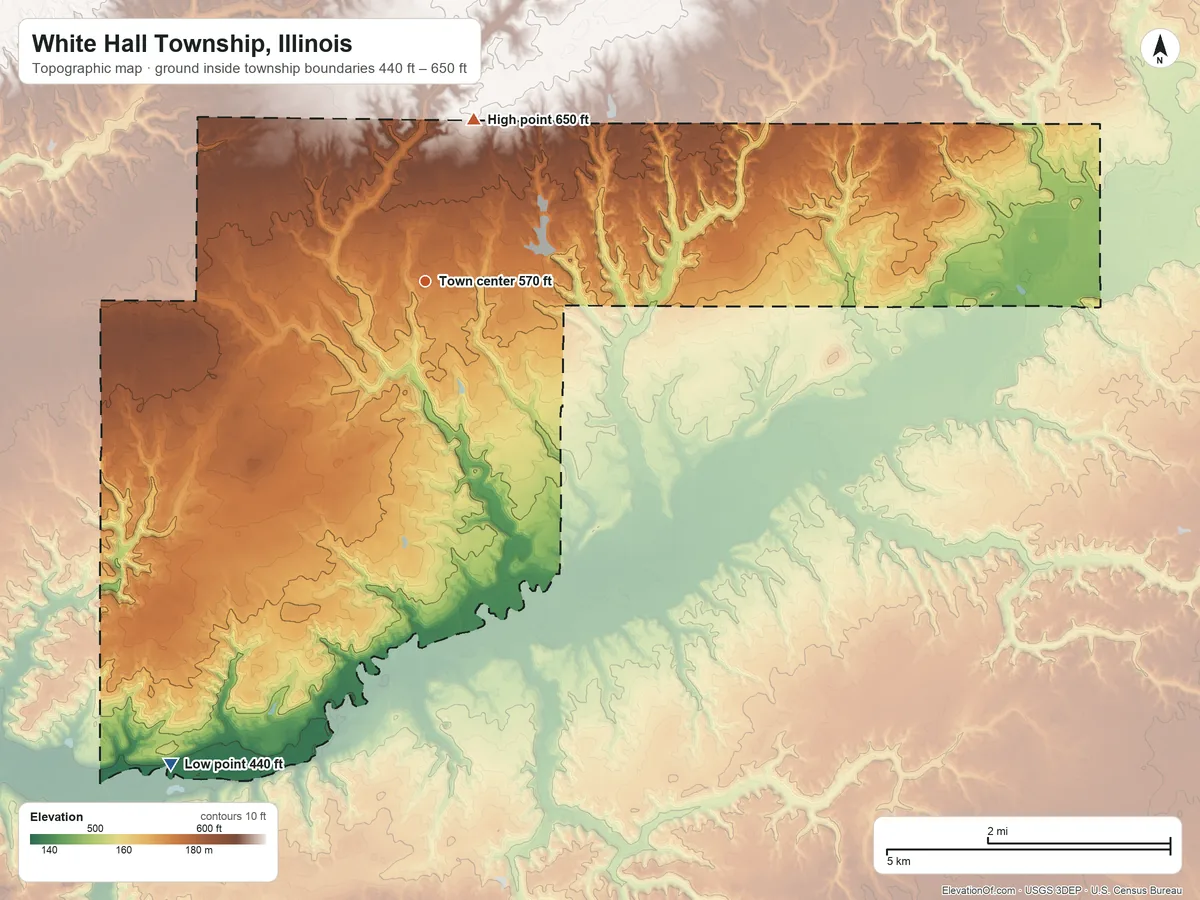 Topographic elevation map of White Hall Township, Illinois, shaded from 440 ft on the southwest side to 650 ft on the north side