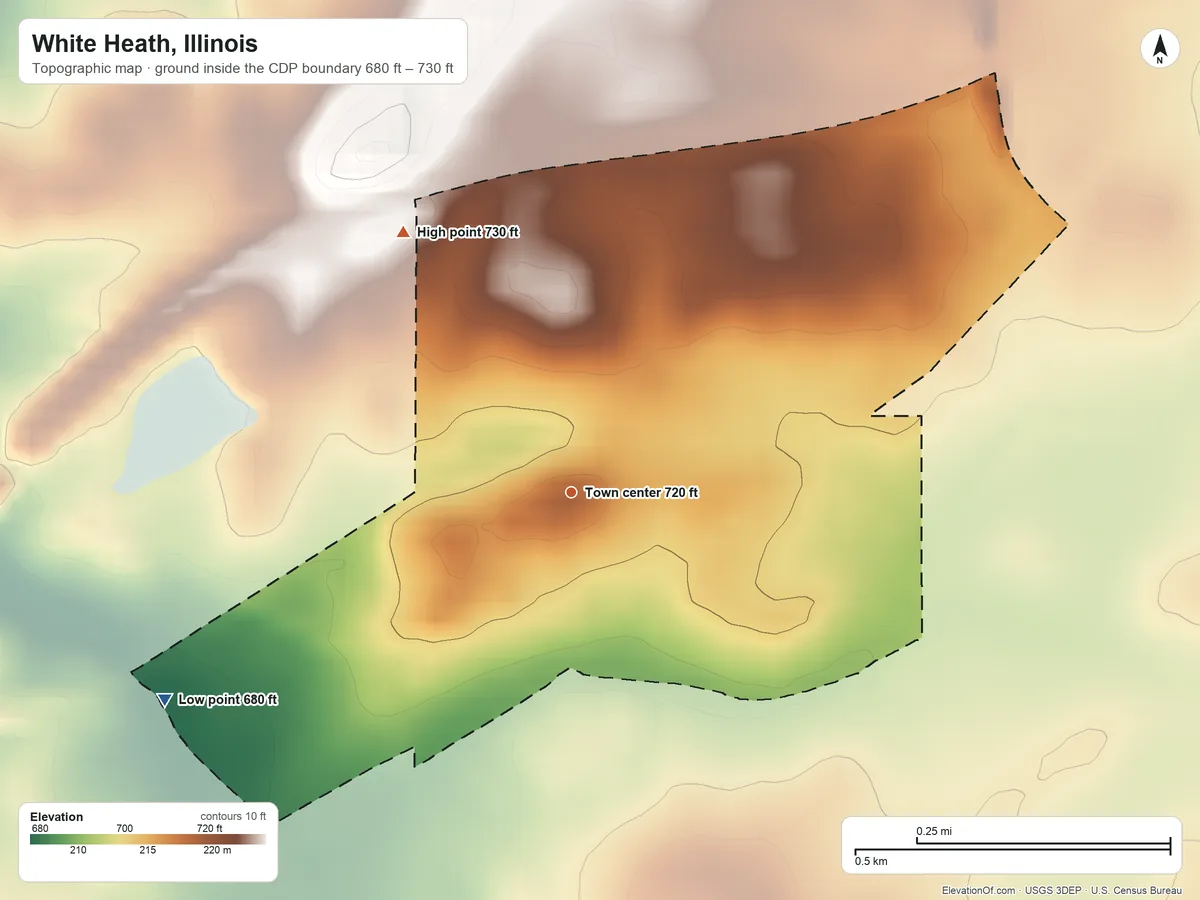 Topographic elevation map of White Heath, Illinois, shaded from 680 ft on the southwest side to 730 ft on the northwest side