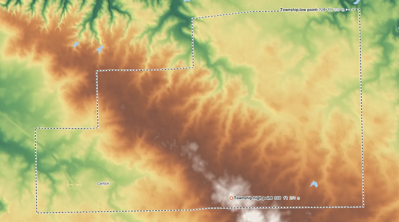 Topographic elevation map of White Oak Township, Illinois, shaded from 720 ft on the northeast side to 880 ft on the east side