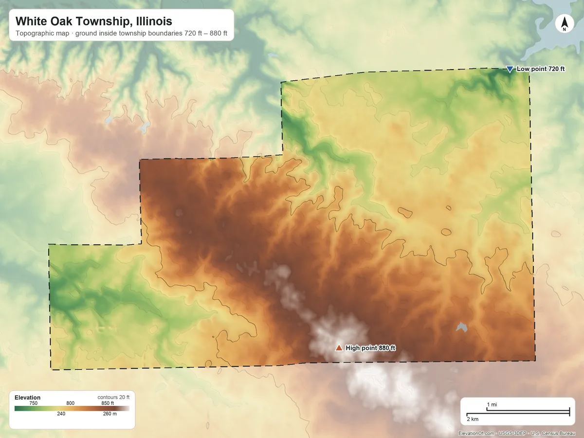 Topographic elevation map of White Oak Township, Illinois, shaded from 720 ft on the northeast side to 880 ft on the east side