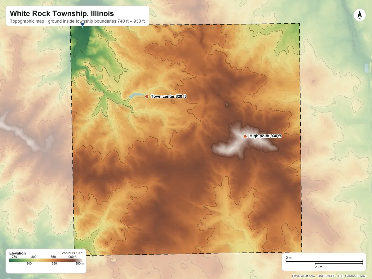 Topographic elevation map of White Rock Township, Illinois, shaded from 740 ft on the northwest side to 930 ft on the east side