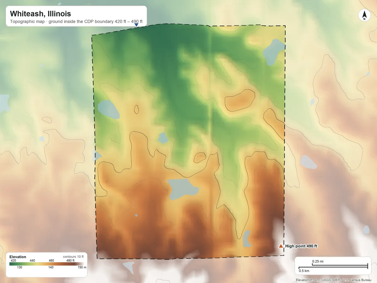 Topographic elevation map of Whiteash, Illinois, shaded from 420 ft on the northwest side to 490 ft on the south side