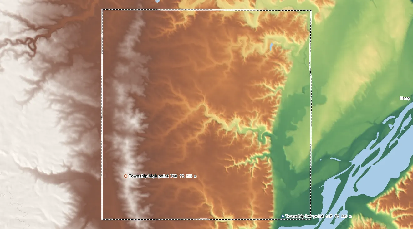 Topographic elevation map of Whitefield Township, Illinois, shaded from 440 ft on the southeast side to 740 ft on the southwest side