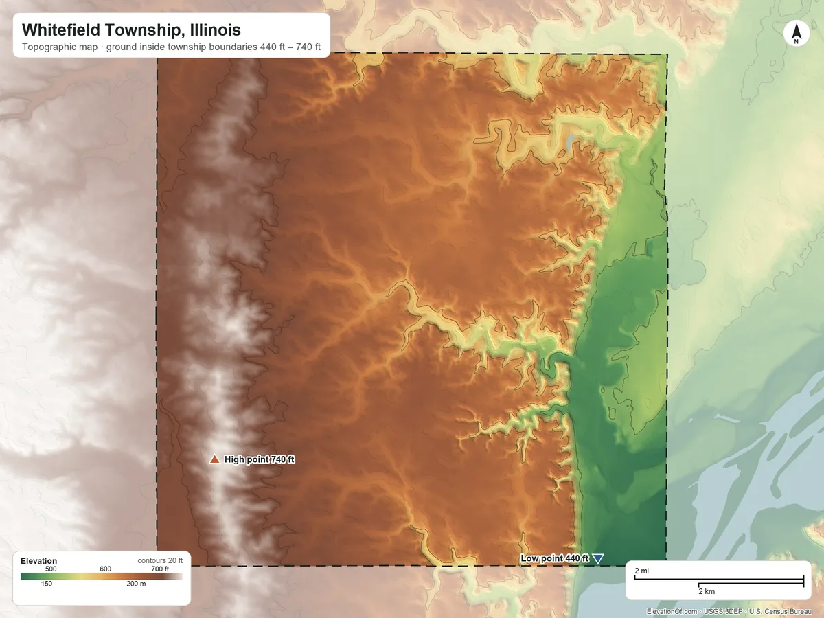 Topographic elevation map of Whitefield Township, Illinois, shaded from 440 ft on the southeast side to 740 ft on the southwest side