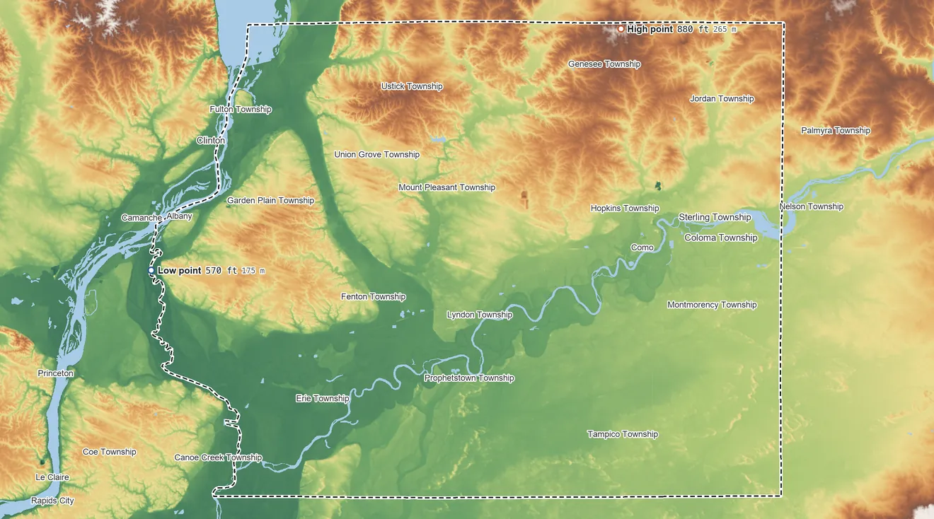 Topographic elevation map of Whiteside County, Illinois, shaded from 570 ft on the west side to 880 ft on the northeast side