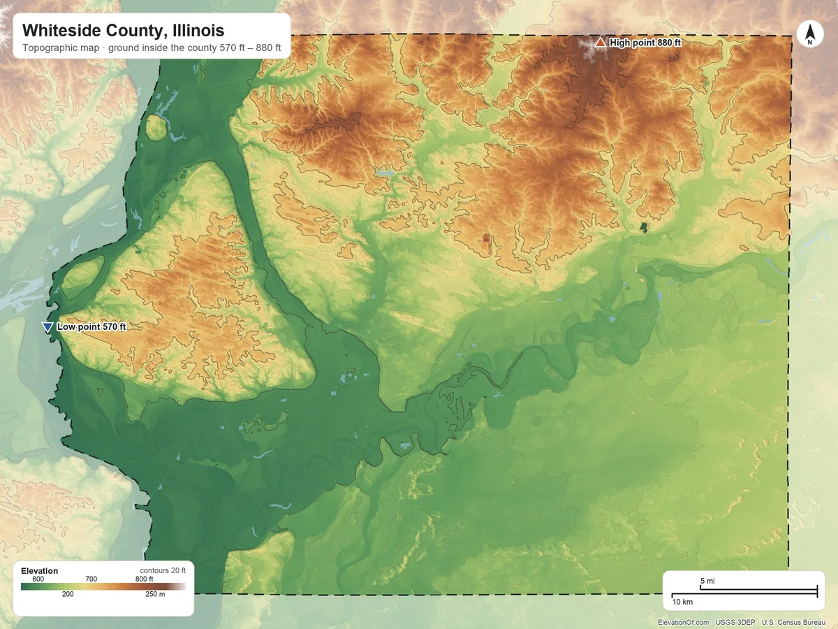 Topographic elevation map of Whiteside County, Illinois, shaded from 570 ft on the west side to 880 ft on the northeast side