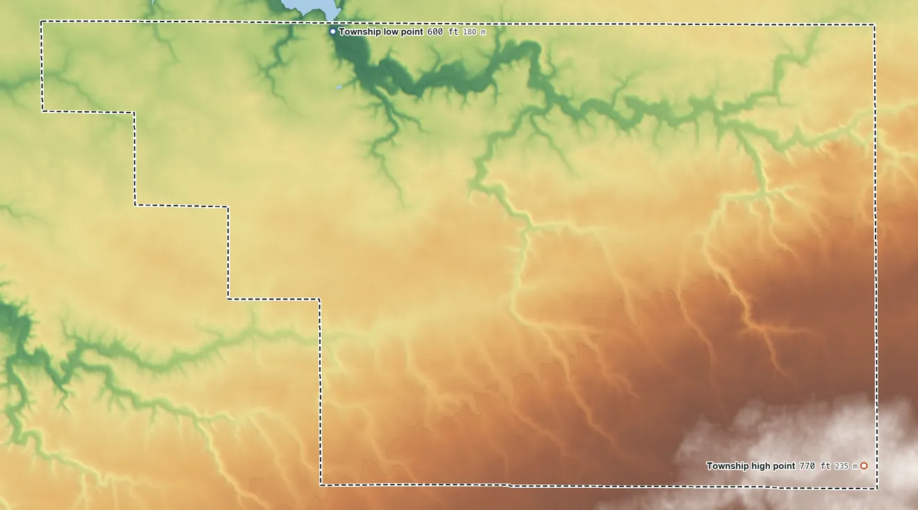 Topographic elevation map of Whitley Township, Illinois, shaded from 600 ft on the northwest side to 770 ft on the southeast side