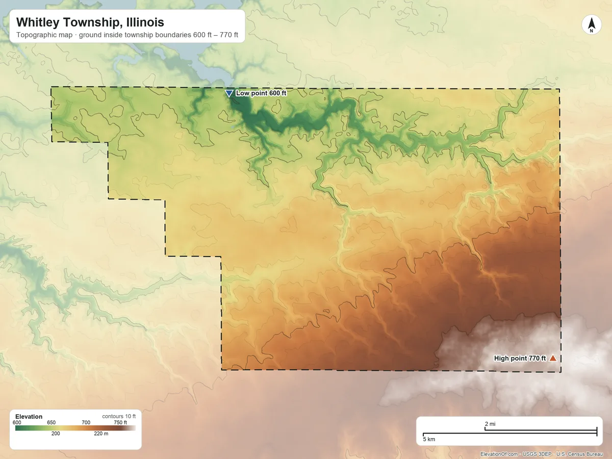 Topographic elevation map of Whitley Township, Illinois, shaded from 600 ft on the northwest side to 770 ft on the southeast side