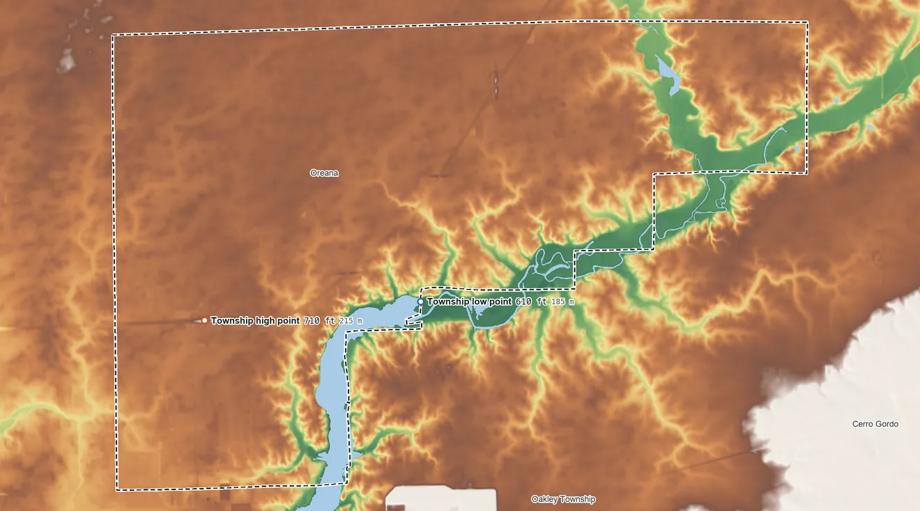 Topographic elevation map of Whitmore Township, Illinois, shaded from 610 ft on the east side to 710 ft near the middle