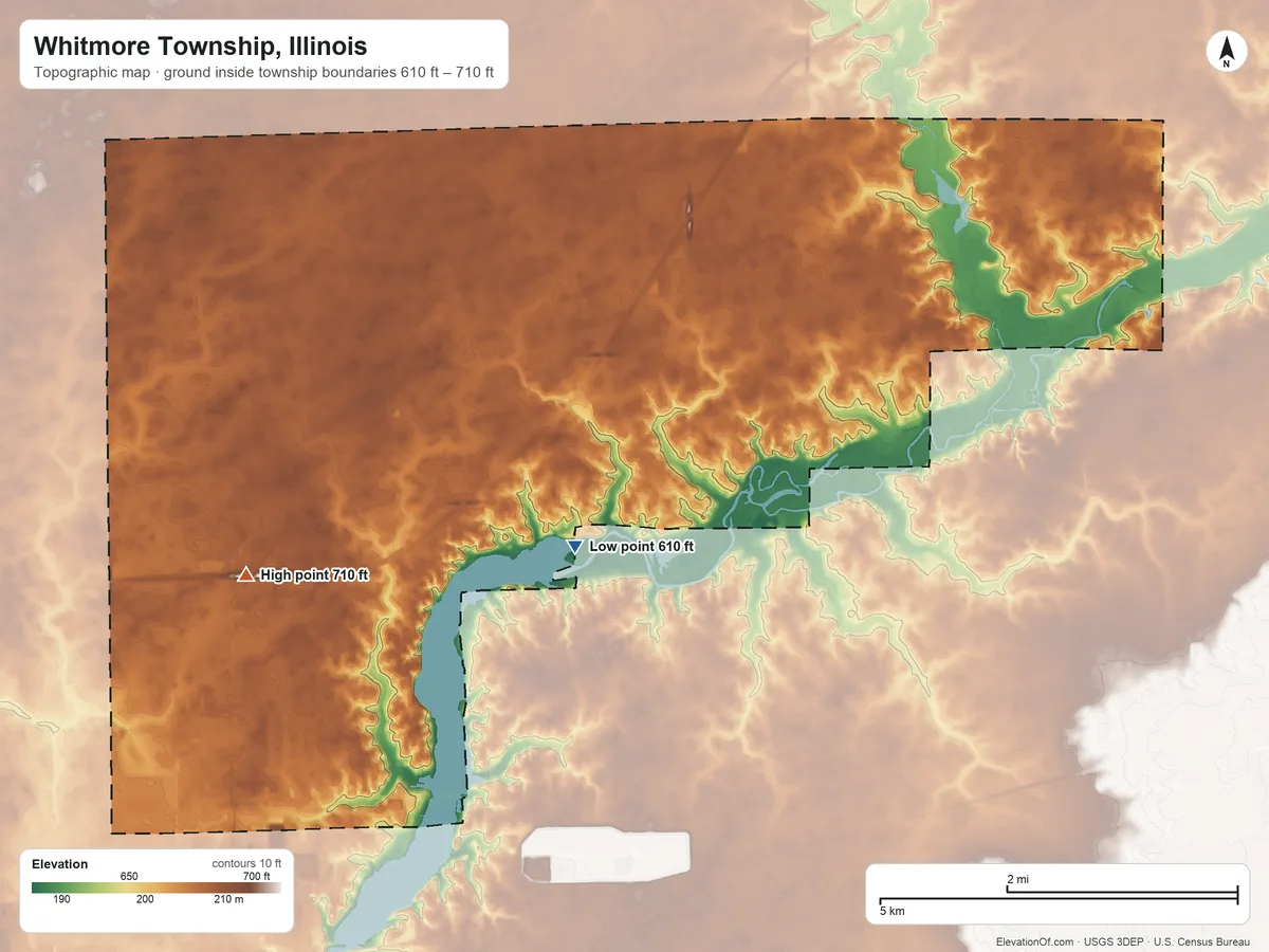 Topographic elevation map of Whitmore Township, Illinois, shaded from 610 ft on the east side to 710 ft near the middle