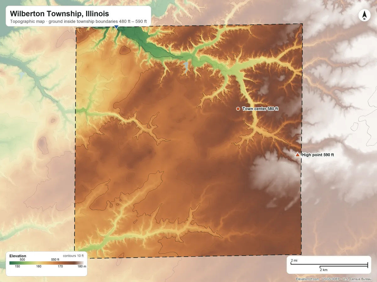 Topographic elevation map of Wilberton Township, Illinois, shaded from 480 ft on the northwest side to 590 ft on the southeast side